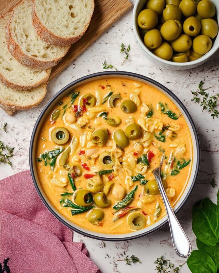 Green Olive and Chickpea Orzo Soup with Coconut Cream Recipe