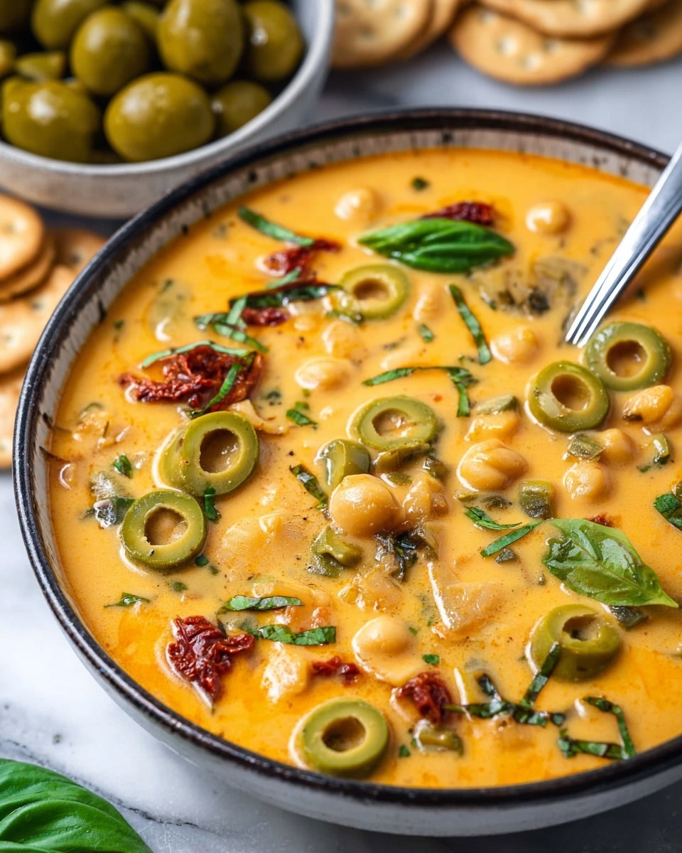 A close-up of a creamy orange soup in a white bowl with a dark rim, filled with sliced green olives, whole chickpeas, small pieces of sun-dried tomatoes, fresh green basil leaves, and small bits of herbs, all floating in the thick soup. There is a metal spoon partially submerged on the right side. In the blurred background, there is a white bowl full of whole green olives and some crackers on the left, all placed on a white marbled surface. photo taken with an iphone --ar 4:5 --v 7