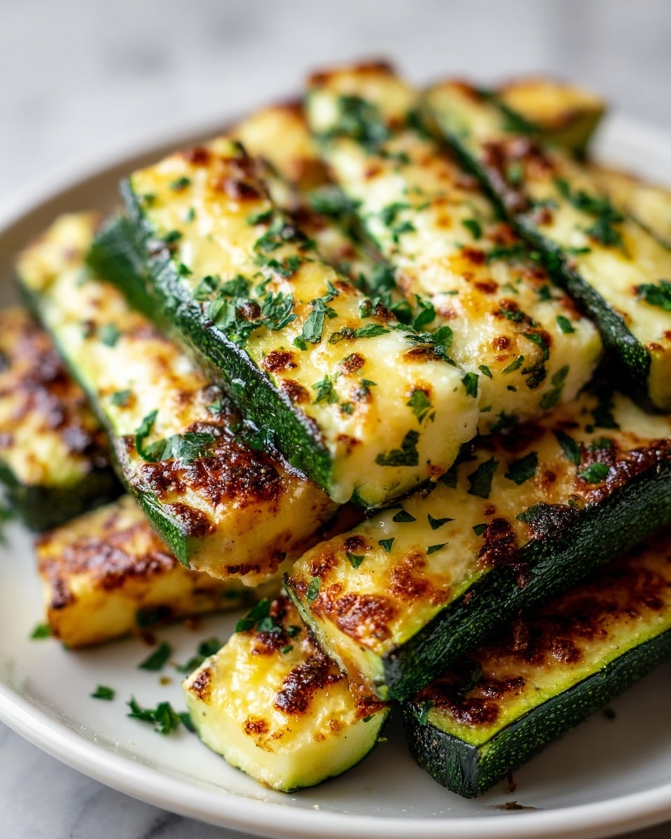 The image shows a white plate piled with grilled zucchini sticks, cut into thick rectangular pieces. Each piece has a vibrant green skin around the edges with a soft, pale yellow inside that is topped with a layer of golden brown melted cheese, creating a slightly crispy texture. Fresh green chopped herbs are sprinkled generously over the cheese layer and zucchini, adding a pop of color and texture contrast. The zucchini pieces are stacked casually, filling the plate, which rests on a white marbled surface. The focus is close-up, highlighting the crispy cheese details and herb garnish, with warm lighting enhancing the golden tones. photo taken with an iphone --ar 4:5 --v 7