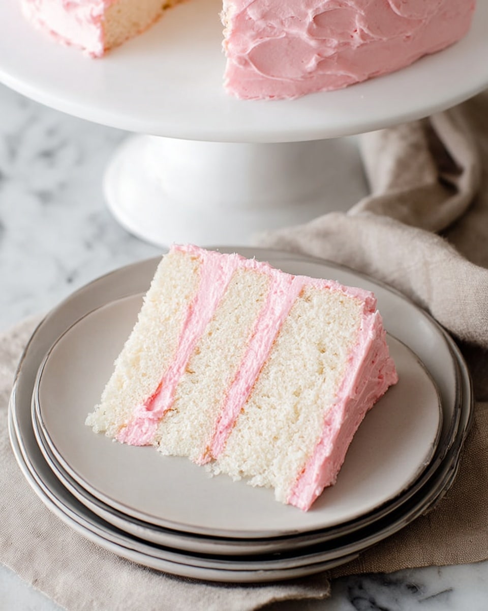 A slice of three-layer white cake sits on a white plate, each sponge layer separated by light pink frosting. The frosting is smooth and evenly spread between the cake layers and around the outside edge. The cake slice shows a soft and moist texture, with the pink frosting adding a gentle contrast to the white layers. The white cake is placed on a white marbled surface with a beige cloth nearby, and the rest of the cake, covered in the same pink frosting, is partially visible on a white cake stand above. photo taken with an iphone --ar 4:5 --v 7