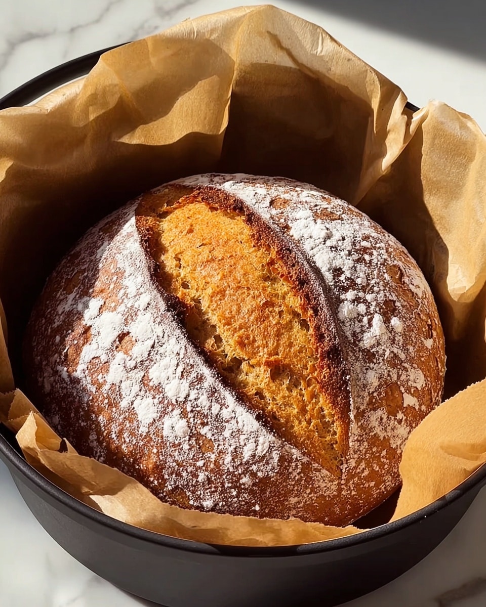 A single round loaf of bread with a golden brown crust sits inside a black pot lined with crinkled parchment paper. The bread has a deep central cut with a rich, textured inner crumb showing through. The top is dusted liberally with white powdered flour, creating a contrast against the golden crust. The pot rests on a white marbled surface with bright natural light casting soft shadows. photo taken with an iphone --ar 4:5 --v 7