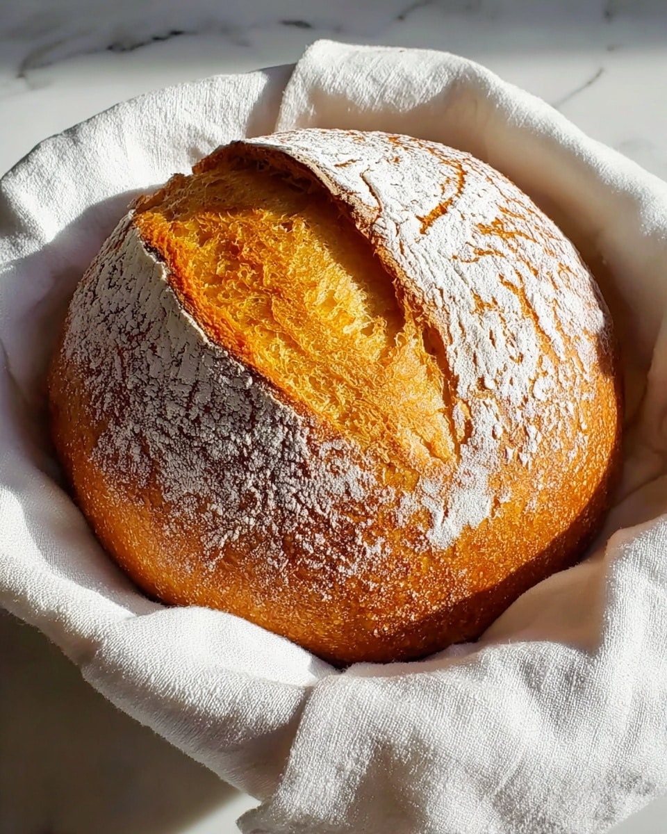 A round loaf of bread with a golden-brown crust sits on a soft white cloth in a bowl, dusted generously with white flour. The crust is thick and textured, showing a prominent deep slit on top revealing a light, airy, and slightly yellowish inside. The cloth beneath has gentle folds and wrinkles, and the bowl holding it is white. The background is a white marbled surface with soft sunlight casting shadows and highlighting the bread's detailed texture. photo taken with an iphone --ar 4:5 --v 7