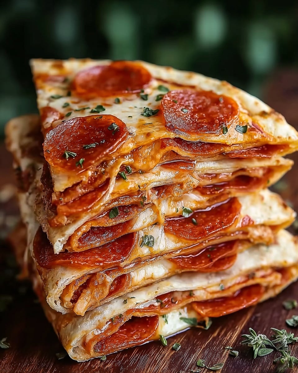 A stack of four triangular slices of pepperoni pizza is shown, each slice layered with a light golden-brown crust folded over melted cheese and bright red pepperoni slices. The top layer shows a crispy texture with small green herb flakes sprinkled around. The cheese underneath is gooey and slightly browned, visible between the crust folds. The pepperoni slices are evenly spread and shiny with a slightly oily texture, with the edges slightly curled. The stack rests on a dark wooden surface with a blurred green background. photo taken with an iphone --ar 4:5 --v 7