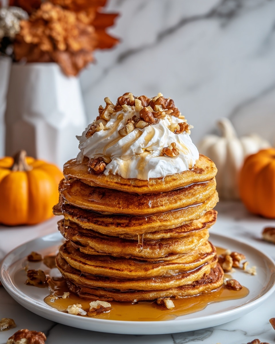 A tall stack of seven golden brown pancakes sits on a white plate with syrup drizzling down the sides. The pancakes have a soft and fluffy texture with slightly darker edges. On top, there is a generous dollop of white whipped cream, topped with chopped walnuts and more syrup that shines under the light. Around the plate, bits of walnuts and syrup pools add detail. The background shows white marbled texture with blurred pumpkins and a white vase holding dried orange leaves for a cozy fall feel. photo taken with an iphone --ar 4:5 --v 7