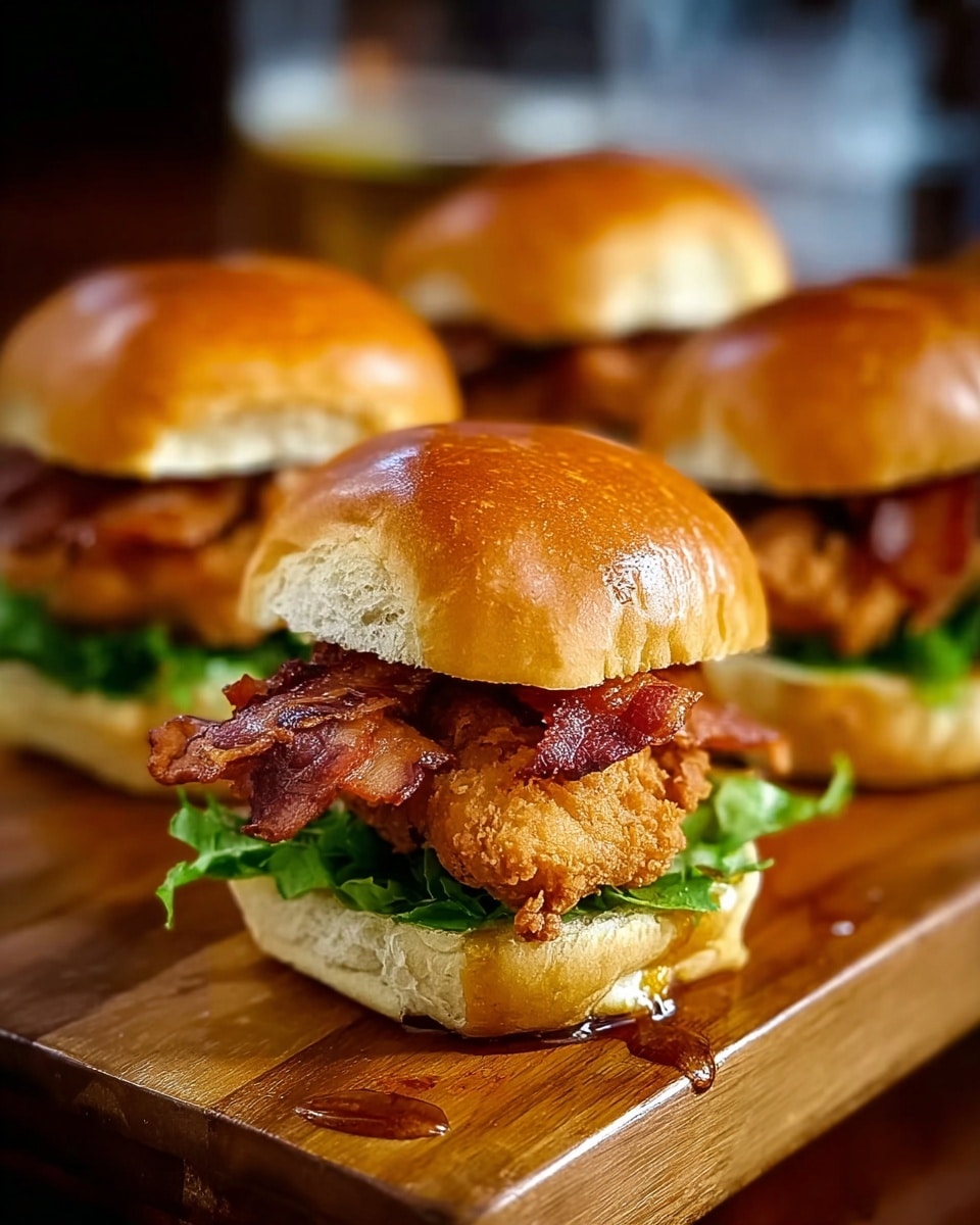 Four chicken sandwiches are placed on a wooden board, each sandwich has a shiny, soft golden-brown top bun, below it is crispy-looking bacon with reddish-brown color, beneath the bacon is a thick, golden, crunchy fried chicken fillet, and under that is a layer of green lettuce. Juices or sauce can be seen dripping slightly from one sandwich onto the wooden board. The focus is on the closest sandwich, with a blurred background. photo taken with an iphone --ar 4:5 --v 7