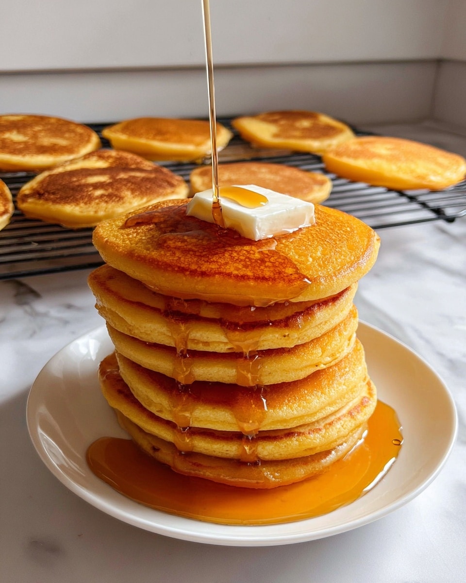 A stack of seven golden brown pancakes sits neatly on a white plate, each pancake fluffy with slightly crisp edges, showing a warm orange hue. On top of the stack is a square piece of white butter with smooth texture, melting slightly under a thick stream of amber syrup flowing down the sides of the pancakes and pooling on the plate. Behind the stack, there is a cooling rack with six more pancakes, showing their slightly uneven, browned surfaces. The scene is set on a white marbled surface with a clean, simple background. Photo taken with an iphone --ar 4:5 --v 7