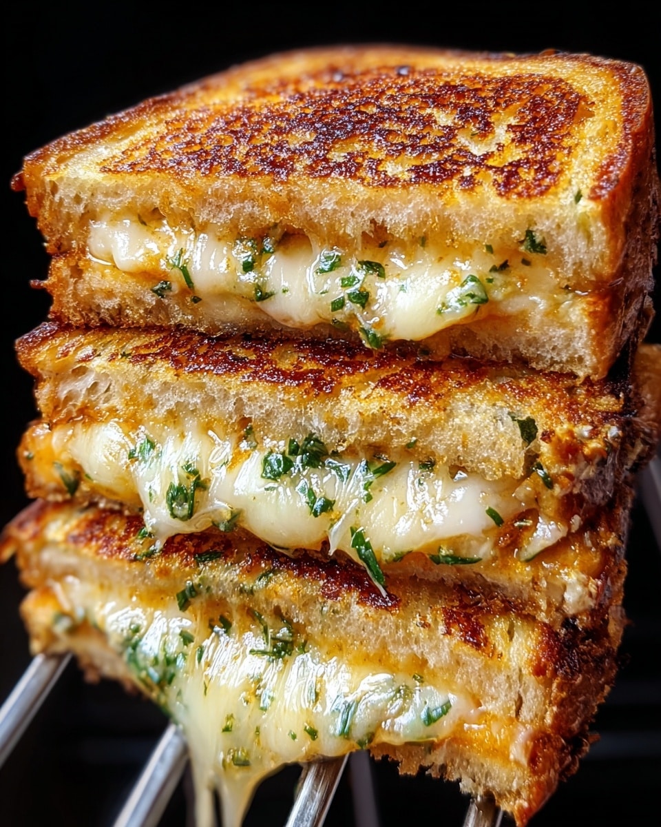 A close-up view of a grilled cheese sandwich cut into two square halves stacked on top of each other, showing three layers of toasted bread with a golden-brown, crispy texture and shiny melted cheese oozing from between each layer. The cheese is creamy white with specks of green herbs, and the bread has a crispy crust with a slightly rough, crunchy surface. The sandwich is held upright by a metal holder, and the background is black, making the sandwich the main focus. photo taken with an iphone --ar 4:5 --v 7