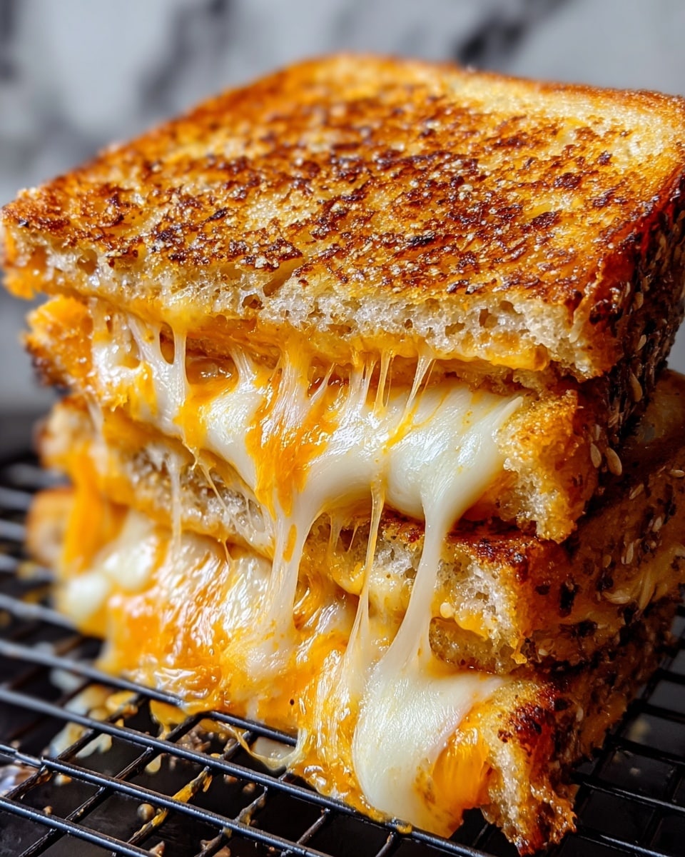 A close-up of a double-layer grilled cheese sandwich showing two thick slices of golden brown, crispy toasted bread with a slightly crunchy texture on top. Between the bread layers are two generous amounts of melted cheese, one rich orange cheddar and the other creamy white mozzarella, both oozing and stretching out with strands of cheese pulling away. The sandwich is stacked neatly on a black wire rack with a blurred white marbled surface in the background. photo taken with an iphone --ar 4:5 --v 7