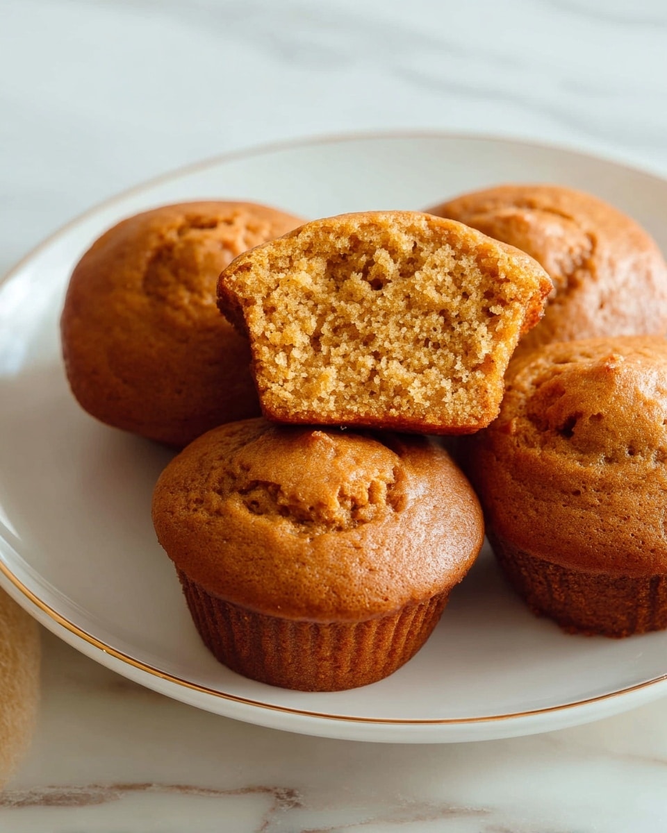 A white plate with a thin gold rim holds five golden-brown muffins with a soft, slightly cracked texture. One muffin is cut in half and placed on top, showing a moist and crumbly inside that is a warm light brown color. The muffins have a slightly rounded top with small cracks, giving a rustic and fresh-baked feel. The plate sits on a white marbled texture surface with soft natural light highlighting the muffins’ warm tones. photo taken with an iphone --ar 4:5 --v 7