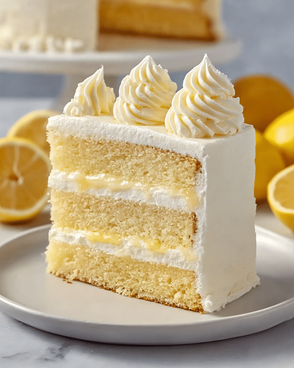 A slice of three-layer lemon cake sits on a white plate on a white marbled surface. The bottom layer is a light golden sponge cake, topped with a thick layer of smooth white cream, followed by a second light yellow sponge layer with more white cream, and a top light sponge layer covered in an even layer of white frosting. On top of the slice are three swirls of thick white whipped cream, evenly spaced. The background has blurred whole and cut lemons. Photo taken with an iphone --ar 4:5 --v 7