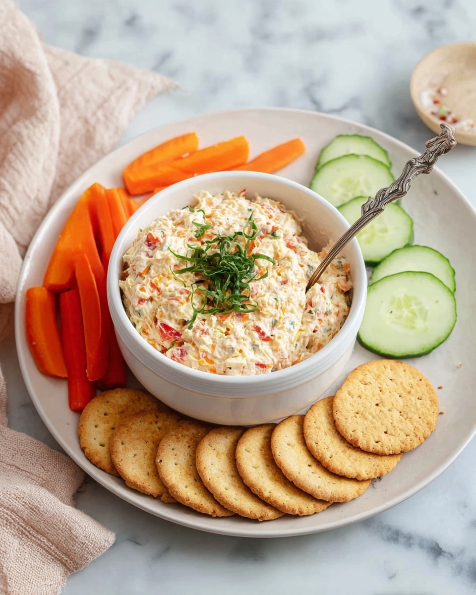 A white bowl filled with a thick, creamy spread that has small pieces of red and green mixed in, topped with a small heap of fresh green herbs, sits in the center of a white plate. Around the bowl, there are several round light brown crackers arranged in a curved line on one side. To the left of the bowl are bright orange carrot slices, and to the right are fresh, light green cucumber slices. A shiny silver spoon with a curled handle stands inside the bowl. The plate is placed on a white marbled surface with a pastel beige cloth softly folded in the background. photo taken with an iphone --ar 4:5 --v 7