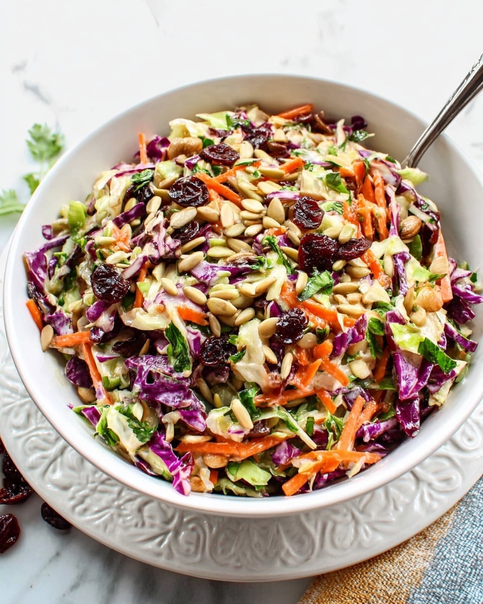A white bowl filled with a colorful mixed salad that includes layers of chopped green and purple cabbage, orange carrot shreds, and bright green leafy herbs. The salad also features dark red dried cranberries and light brown sunflower seeds sprinkled on top. A spoon is partially submerged in the salad, resting inside the bowl. The bowl is placed on a white plate with a decorative pattern, all set against a white marbled surface. photo taken with an iphone --ar 4:5 --v 7
