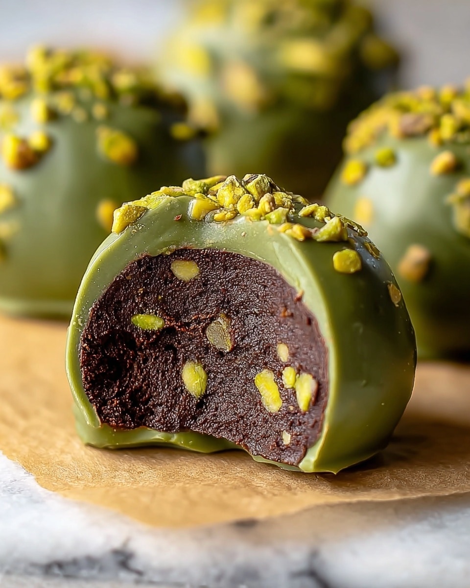 The image shows a close-up of a round chocolate truffle cut open to reveal its layers. The outer layer is a smooth, glossy green coating with small yellow nut pieces embedded in it, forming a slightly bumpy texture. Inside, there is a thick dark brown chocolate filling speckled with green pistachio nuts scattered throughout. The truffle sits on a piece of parchment paper placed over a white marbled surface. In the background, there are more whole truffles with the same green coating and nut pieces blurred out softly. photo taken with an iphone --ar 4:5 --v 7