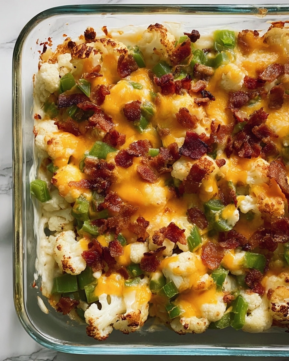 A clear glass baking dish filled with a hot baked casserole showing three main layers: the bottom layer is soft white cauliflower pieces, the middle layer has bright green sliced peppers spread evenly, and the top layer is melted golden-yellow cheddar cheese drizzled generously, with dark crispy bits of cooked bacon scattered on top. The cauliflower has some browned spots, indicating roasting, while the cheese is slightly bubbly and the bacon adds contrasting dark reddish-brown texture. The baking dish sits on a white marbled surface. Photo taken with an iphone --ar 4:5 --v 7