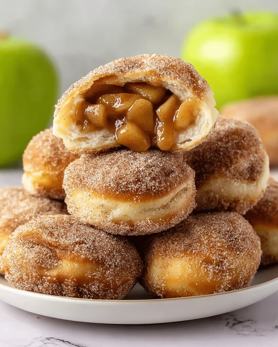 A white plate holds a stack of round, golden-brown pastries coated with cinnamon sugar that gives them a grainy texture. The top pastry is broken open to show its inside filled with chunky, caramel-colored apple pieces in a sticky sauce. The soft, fluffy dough is light beige and looks tender. The background has a white marbled texture, with a green apple blurred in the distance, adding color contrast. The image is sharp and focused closely on the pastries. photo taken with an iphone --ar 4:5 --v 7