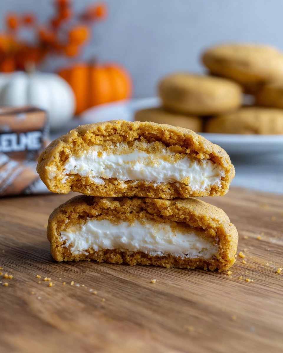 The image shows a close-up of a cookie cut in half and stacked. The cookie has two layers of soft, golden-brown dough with a slightly crumbly texture. Between the dough layers, there is a thick, creamy white filling that looks smooth and slightly spongy. The cookie rests on a wooden surface with a white marbled texture background softly blurred. In the back, there is a white plate with more cookies and some blurred autumn decorations. Photo taken with an iphone --ar 4:5 --v 7