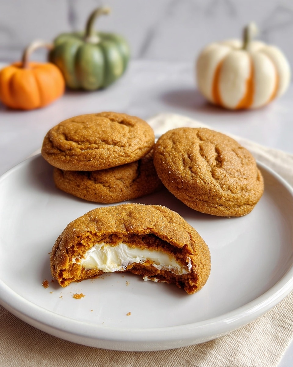 The image shows a white plate with three soft, brown cookies placed near the center and back of the plate, each with a slightly cracked surface texture. In the front, there is a close-up view of one cookie with a bite taken out, revealing a creamy white filling layer surrounded by a warm, orange layer just inside the cookie, and the outer cookie layer is light brown and crumbly. The plate sits on a beige cloth on a white marbled surface. In the background, there are three small decorative pumpkins in green, orange, and white colors, slightly blurred to keep the focus on the cookies. Photo taken with an iphone --ar 4:5 --v 7