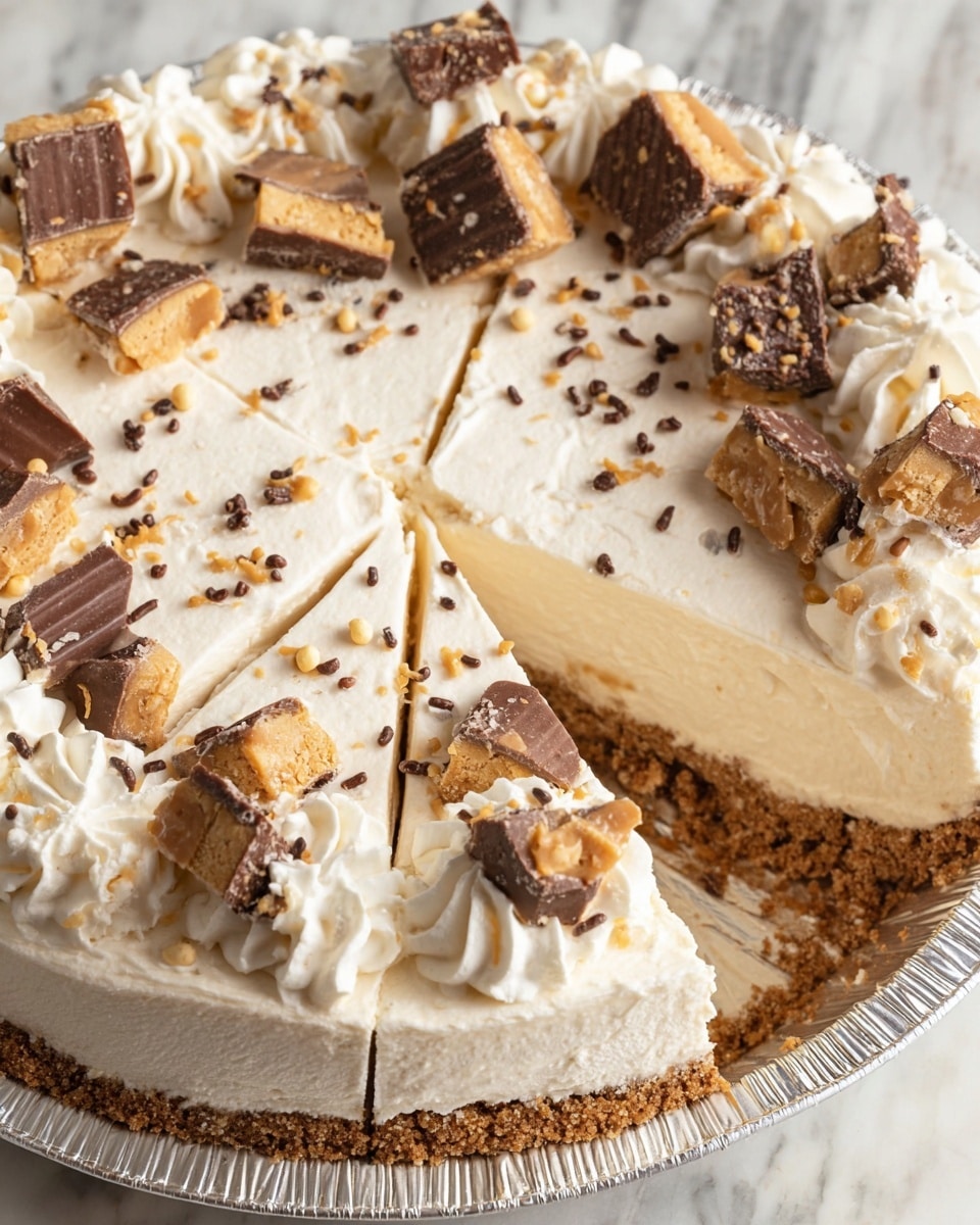 The image shows a round dessert with two visible layers: a bottom layer with a crumbly brown texture and a thick top layer of smooth, creamy off-white filling. The top surface is decorated with scattered chunks of chocolate and caramel pieces, some pieces showing textured patterns. Around the edge, there are piped swirls of white whipped cream sprinkled with small chocolate and caramel bits. One slice is cut out and slightly separated, revealing the layers clearly. The dessert sits in a shiny foil pie pan on a white marbled surface. photo taken with an iphone --ar 4:5 --v 7