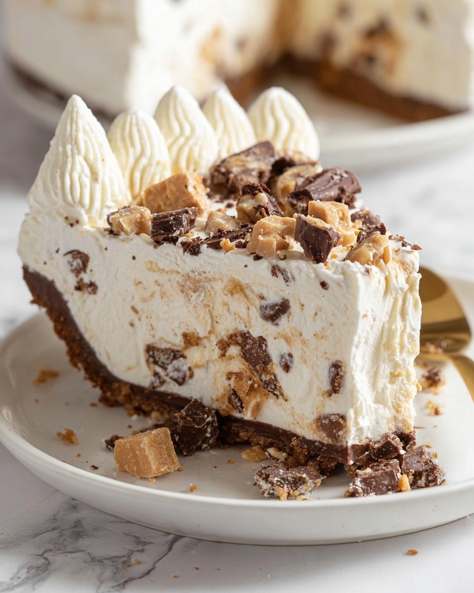 The image shows a slice of creamy dessert with three main layers on a white plate over a white marbled surface. The bottom layer is a thin, dark brown, crumbly crust. The middle layer is thick and creamy white with visible chunks of light brown and dark chocolate pieces mixed in. The top layer features smooth white whipped cream piped in a scalloped pattern along the edge, sprinkled with small pieces of light brown and dark chocolate chunks. A few crumbs and small bits of the dessert are scattered around the plate. photo taken with an iphone --ar 4:5 --v 7