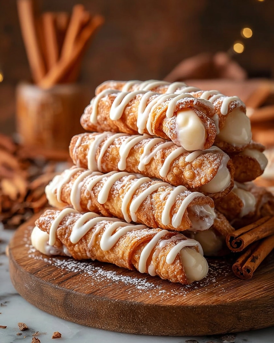 A stack of eight golden-brown, crispy cannoli filled with creamy white filling are arranged on a round wooden board. Each cannoli has a drizzle of glossy white icing in a zigzag pattern on top and a light dusting of powdered sugar, highlighting the crunchy texture. The background shows blurred cinnamon sticks and warm brown tones, adding a cozy, rustic feel, while the surface beneath the board is a white marbled texture. photo taken with an iphone --ar 4:5 --v 7