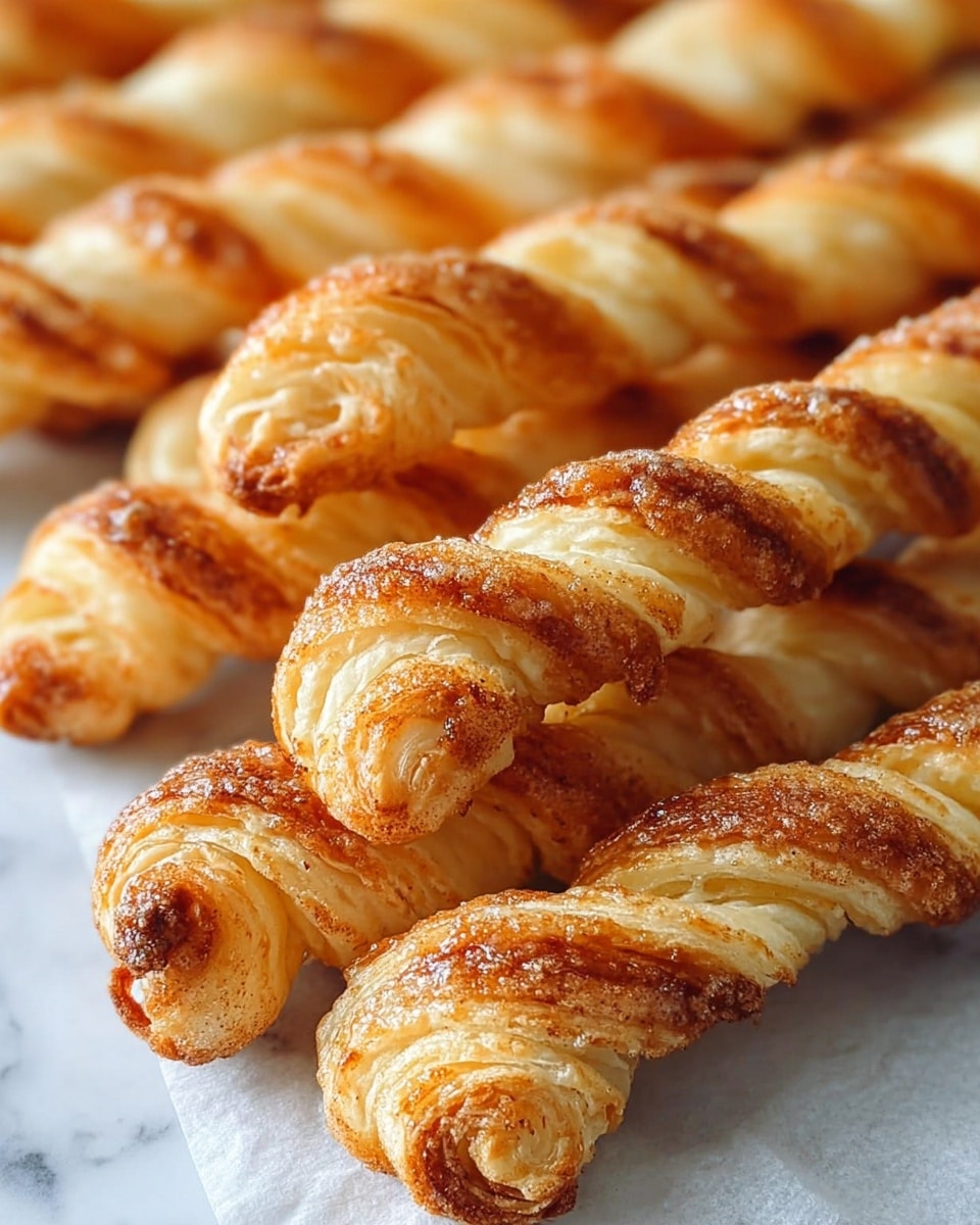The image shows several twisted pastry sticks arranged closely together on a white marbled surface covered with white paper. Each pastry has multiple flaky, layered swirls with a golden brown color, showing a slightly shiny, crisp texture. Some parts have a light sprinkle of sugar and cinnamon, visible as a fine dusting on the brighter golden layers. The pastries are in multiple rows stretching out of focus toward the background. Photo taken with an iphone --ar 4:5 --v 7