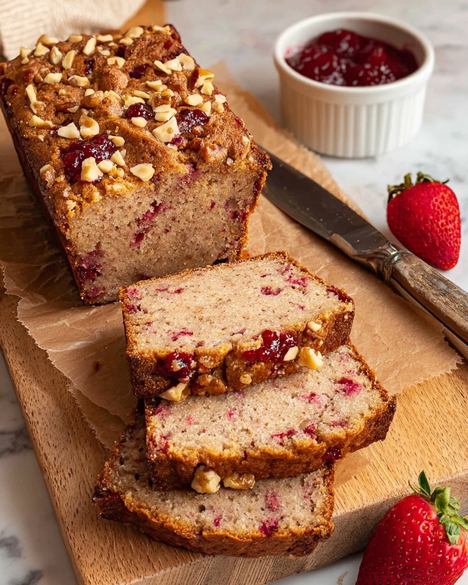 The image shows a loaf cake with three slices cut and laid in front of it on brown parchment paper over a wooden board. The cake has a crumbly top layer decorated with chopped nuts and bits of red berries, while the inside is light brown and speckled with small red berry pieces. Next to the cake, there is a white bowl with red jam and a knife resting on it. A fresh strawberry with its green leaf is placed near the bottom right corner. The background features a white marbled texture. photo taken with an iphone --ar 4:5 --v 7