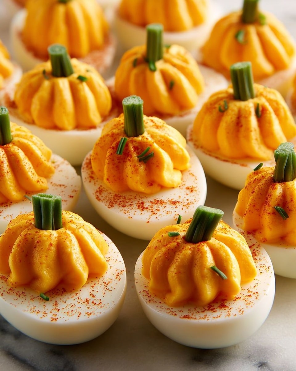 A close-up of a plate filled with halved boiled eggs, each topped with a swirl of orange-colored filling shaped like small pumpkins. Each filling has a smooth, creamy texture with ridges, and a small green stem-like decoration in the center, resembling pumpkin stems. The white egg halves create a base layer with a clean, smooth surface, while finely chopped green chives and a light red powder are sprinkled lightly over the filling and egg surface, adding extra color and texture. The plate is white and sits on a white marbled surface. photo taken with an iphone --ar 4:5 --v 7