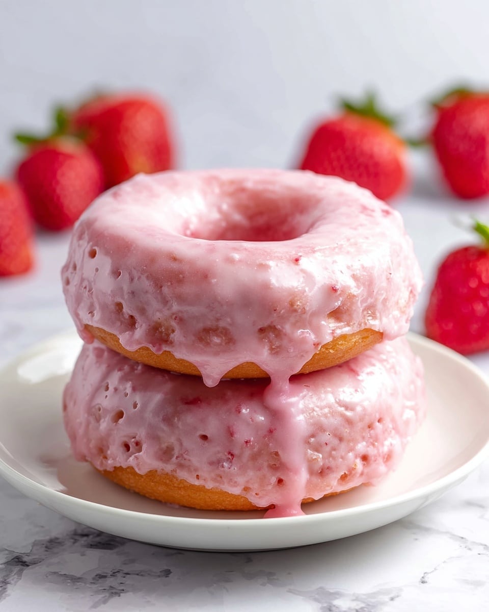 Two stacked pink donuts with a light pink glaze dripping down the sides sit on a white plate. The donuts have a soft, slightly textured surface with small air bubbles. In the background, there are several whole red strawberries with green tops scattered on a white marbled surface. The glaze has a smooth, shiny look and covers the top and upper sides of each donut. Photo taken with an iphone --ar 4:5 --v 7