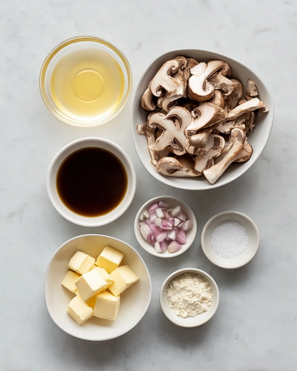 The image shows seven white bowls arranged on a white marbled surface. The largest bowl, positioned at the top right, is filled with sliced brown mushrooms, showcasing their smooth, off-white inner texture with light brown edges. Below and to the left of the bowl of mushrooms are two medium-sized bowls, one containing a pale yellow clear liquid and the other a dark brown translucent liquid. Below these, there are four small bowls in a loose semi-circle: one with three small cubes of pale yellow butter, one with chopped pieces of light purple and white shallots, one with fine white powder of flour, and one with white granulated salt. The bowls’ white color contrasts softly with the natural colors of the ingredients. photo taken with an iphone --ar 4:5 --v 7