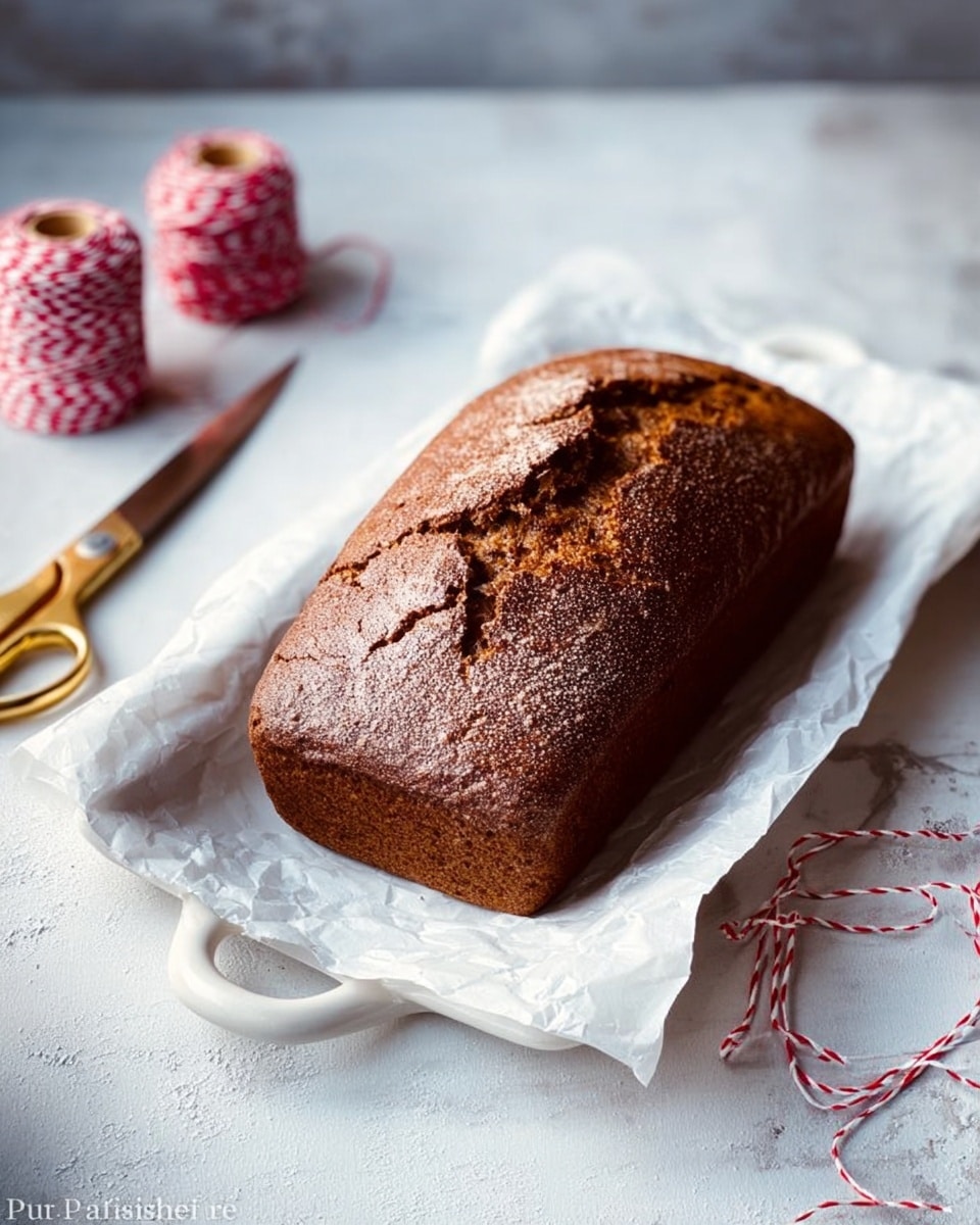A loaf of dark brown bread with a cracked top rests on white crumpled parchment paper placed on a white serving tray with a handle on the side. The tray sits on a white marbled surface, nearby there are gold and silver scissors and a spool of red and white twine with some loose twine laying around. The lighting highlights the rough texture of the bread’s crust, making it look fresh and soft inside. photo taken with an iphone --ar 4:5 --v 7