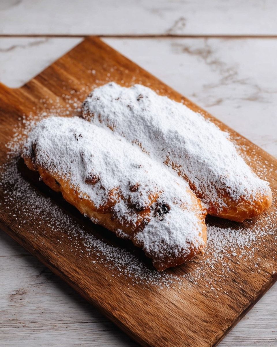 Two long pastries with a golden brown crust dusted thickly with white powdered sugar lie side by side on a wooden cutting board. The pastries have a textured surface showing slight cracks and the edges appear rustic. Some darker spots hint at filling inside, peeking through the sugar. The cutting board sits on a white marbled surface, and the overall look is warm and inviting. photo taken with an iphone --ar 4:5 --v 7