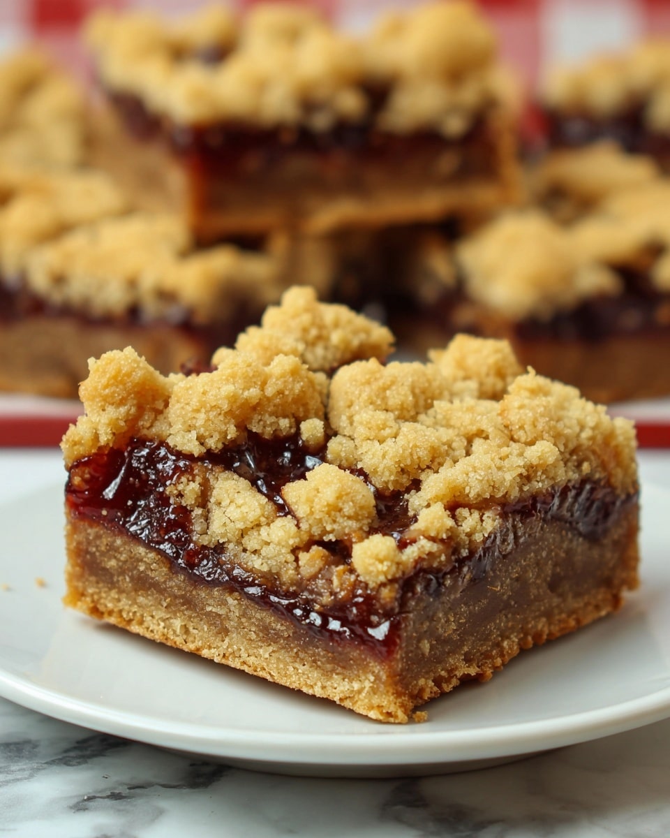 The image shows a close-up of a square jam bar with two visible layers. The bottom layer is a dark brown crust with a firm texture, supporting a middle layer of shiny, deep red jam that is smooth and slightly sticky. On top, there is a golden crumbly layer with uneven, rough chunks that create a textured surface. The jam peeks through the cracks of the crumbly topping, providing a contrast between the smooth and crumbly textures. The jam bar is placed on a white plate on a white marbled surface, with more jam bars visible blurred in the background. Photo taken with an iphone --ar 4:5 --v 7