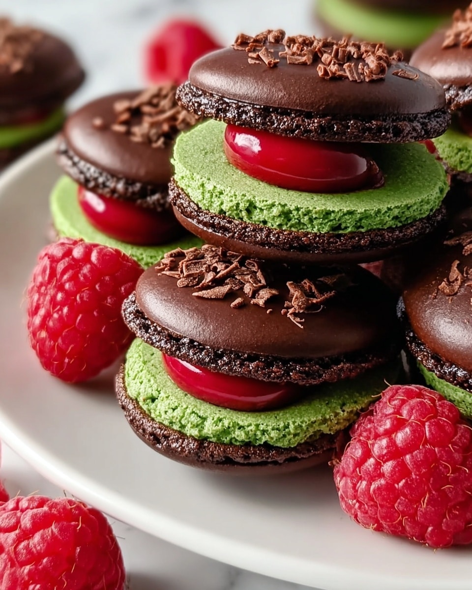 The image shows several chocolate macarons arranged on a white plate on a white marbled surface. Each macaron has three layers: a bottom dark chocolate shell with a rough texture, a bright green middle filling with a slightly cracked surface, and a smooth dark chocolate top shell sprinkled with small chocolate flakes. Inside the green layer, there is a bright red, glossy, round dollop of filling. Around the macarons, fresh red raspberries are placed, adding contrast with their bumpy texture and vibrant color. photo taken with an iphone --ar 4:5 --v 7