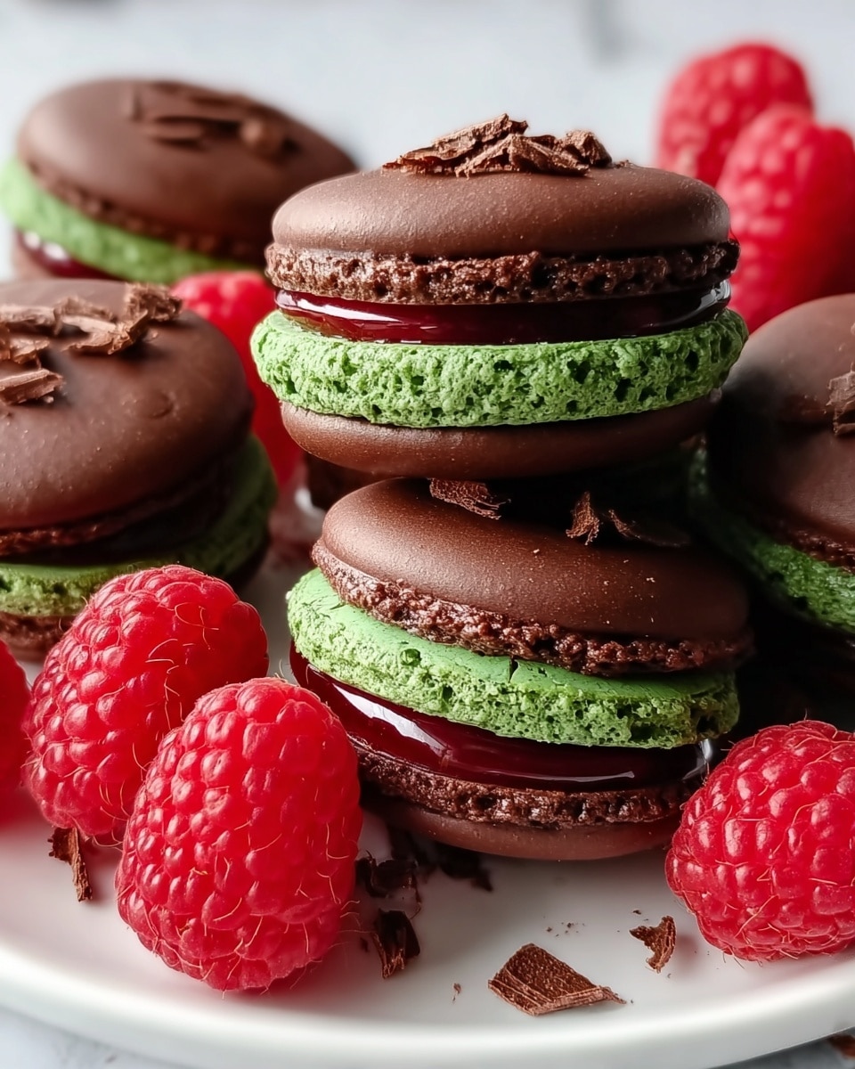 This image shows several chocolate macarons with three layers each: the bottom and top shells are smooth, dark brown with a shiny, slightly cracked texture, the middle layer is bright green and looks soft and crumbly, and between the shells and green layer is a thick red filling with a glossy texture. The macarons are placed on a white plate surrounded by fresh, bright red raspberries with detailed texture, and small chocolate shavings are sprinkled on some macarons and the plate. The background is a white marbled texture. photo taken with an iphone --ar 4:5 --v 7