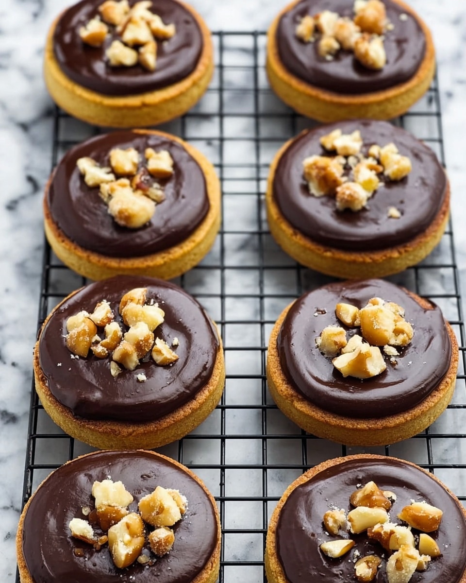 The image shows nine round cookies arranged on a black wire cooling rack over a white marbled surface. Each cookie has two layers: a golden-brown base that looks soft and thick, topped with a smooth layer of shiny dark chocolate spread covering the whole top surface. On top of the chocolate, there are small clusters of toasted, light brown and slightly crispy nuts placed in the center of each cookie. The overall look is neat and inviting, with the nuts adding a textured contrast to the smooth chocolate. photo taken with an iphone --ar 4:5 --v 7