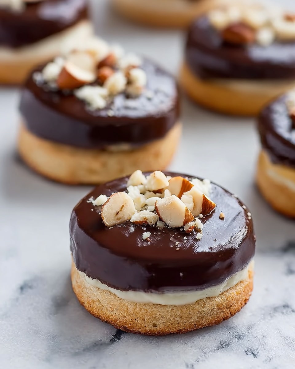 The dish shows small round treats with three distinct layers. The bottom layer is a light brown, soft-looking biscuit or cookie base. The middle layer is a thin, smooth cream or frosting in pale white color. The top layer is a thick, shiny dark chocolate glaze that covers the cream completely. On top of each treat, there are small pieces of chopped nuts, some lightly toasted, giving a rough texture and mix of off-white and light brown colors. The treats are placed on a white marbled surface, and the focus is on the front treat with others fading softly in the background. Photo taken with an iphone --ar 4:5 --v 7