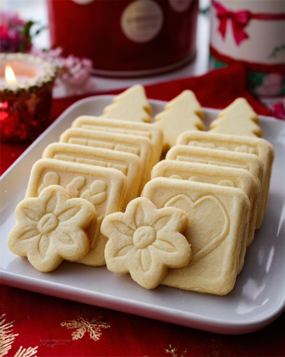 A white plate holds three rows of pale yellow rectangular cookies, each with simple embossed designs on top like a butterfly, a flower, and two hearts. On both sides of these rows, there are smaller tree-shaped cookies standing upright. The plate rests on a white marbled surface with a red cloth underneath, decorated with subtle golden patterns and a blurred festive background that includes a round tin and a small candle holder. The cookies have a soft, slightly crumbly texture and a gentle warm light shines on them, making the edges clear and the shapes easy to see. photo taken with an iphone --ar 4:5 --v 7