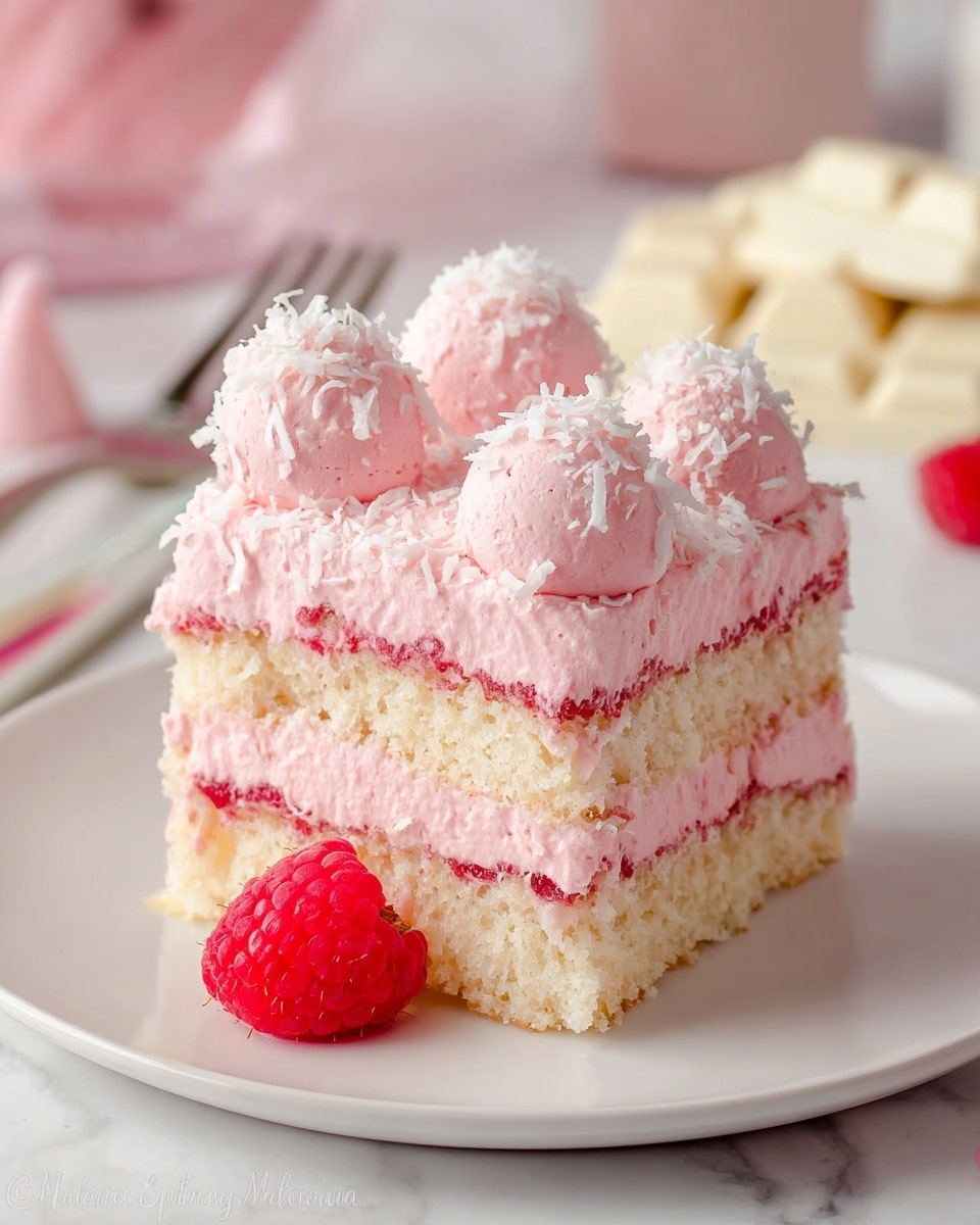 A square slice of layered dessert sits on a white plate, resting on a white marbled surface. The dessert has four layers: the bottom and third layers are light beige sponge cake, soft and porous; the second and top layers are thick, smooth pink cream with a slightly whipped texture. On top of the dessert, there are six rounded pink cream dollops, each dusted with fine white coconut flakes. A single fresh red raspberry is placed at the base of the slice on the plate. In the background, white chocolate pieces and soft pink items blur softly. photo taken with an iphone --ar 4:5 --v 7