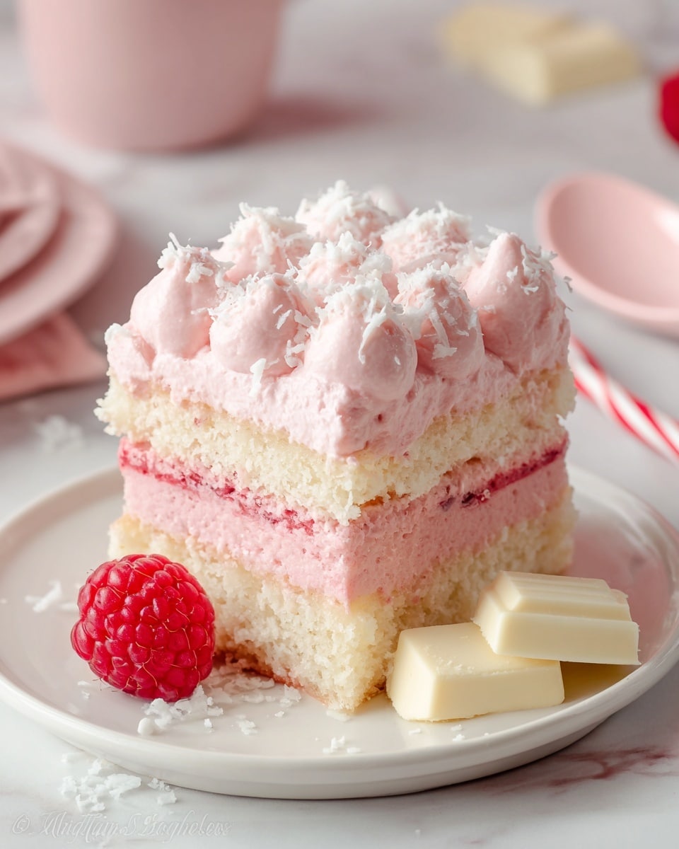A square dessert with three visible layers sits on a white plate placed on a white marbled surface. The bottom layer is a pale sponge cake soaked with light pink syrup. The middle layer is thick and creamy, light pink in color, with a smooth texture. Above it is a second thin layer of pale sponge cake also soaked in syrup, topped with a fluffy, light pink whipped cream layer shaped into eight rounded dollops. The top layer is sprinkled lightly with white coconut flakes. A fresh red raspberry rests on the plate next to the dessert. Nearby are two pieces of white chocolate and two red-and-white striped paper straws on the surface. The background is softly blurred with pastel tones, with a pink spoon partially visible. photo taken with an iphone --ar 4:5 --v 7