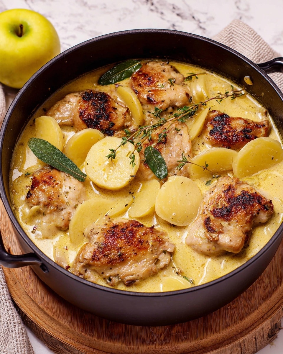 The image shows a black pot filled with a creamy, light yellow sauce containing several browned pieces of chicken, roughly six, with a slight char on top. Mixed in the sauce are peeled, light-colored potato slices, evenly spread around the chicken. Fresh green sprigs of herbs and whole bay leaves are scattered on top, adding a touch of color and freshness. The pot is set on a round wooden board with a yellow apple visible in the background, all placed on a white marbled surface. Photo taken with an iphone --ar 4:5 --v 7