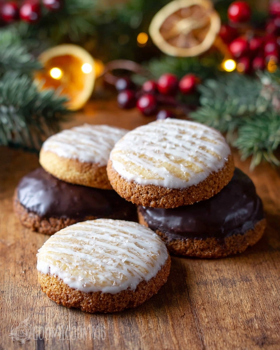 Five round cookies are shown lying on a wooden surface with a blurred background of holiday decorations including green pine branches, red berries, and warm yellow lights. Each cookie has two visible layers: the base is a rich dark brown layer coated in smooth chocolate, and the top is a light golden brown layer covered with a slightly glossy white icing that has a textured, uneven finish. The cookies are arranged closely together, some stacked slightly, showcasing their round shape and two layered textures. Photo taken with an iphone --ar 4:5 --v 7