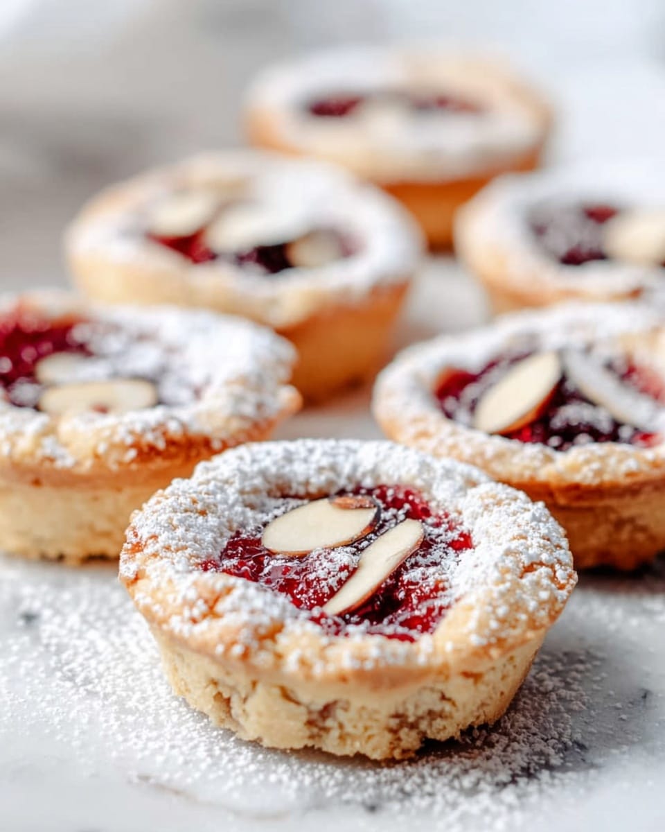 The image shows six small tartlets arranged on a white marbled surface, each tartlet with a golden-brown crust forming a thick base and sides. Inside the crust is a layer of deep red jam, topped with a few slivered almonds scattered unevenly. A light dusting of white powdered sugar covers the tops of the tartlets, adding a soft, snowy look. The tartlets have a slightly crumbly texture on the edges and the jam inside looks shiny and sticky. The focus is on the closest tartlet on the left, with the other five softly blurred in the background. photo taken with an iphone --ar 4:5 --v 7