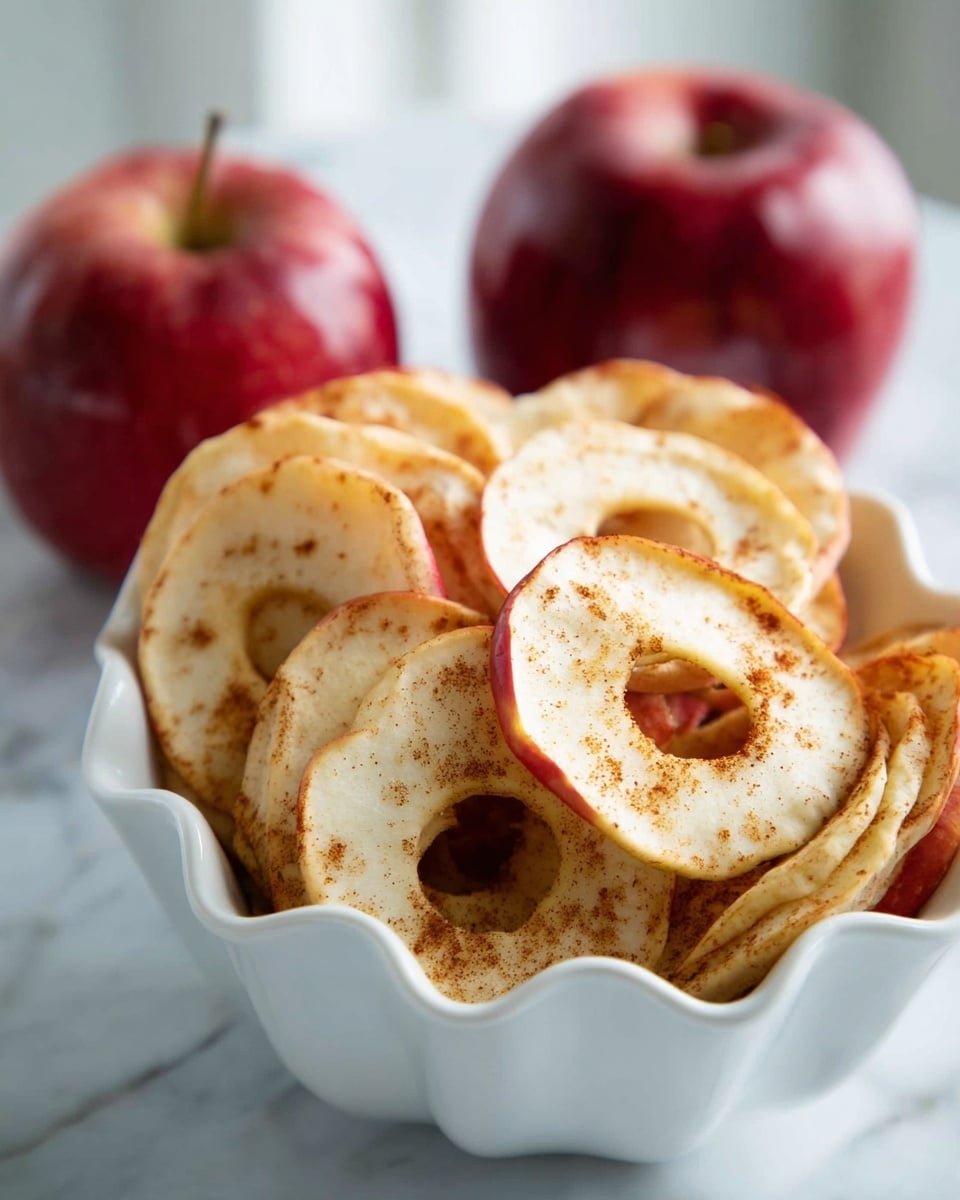 The image shows many thin apple rings arranged upright inside a white bowl with a wavy edge, each apple ring sprinkled lightly with cinnamon, showing the pale cream inside and red skin edges. Two whole red apples sit beside the bowl on a white marbled surface. The focus is on the front apple rings, with soft natural light coming from the right side. Photo taken with an iphone --ar 4:5 --v 7