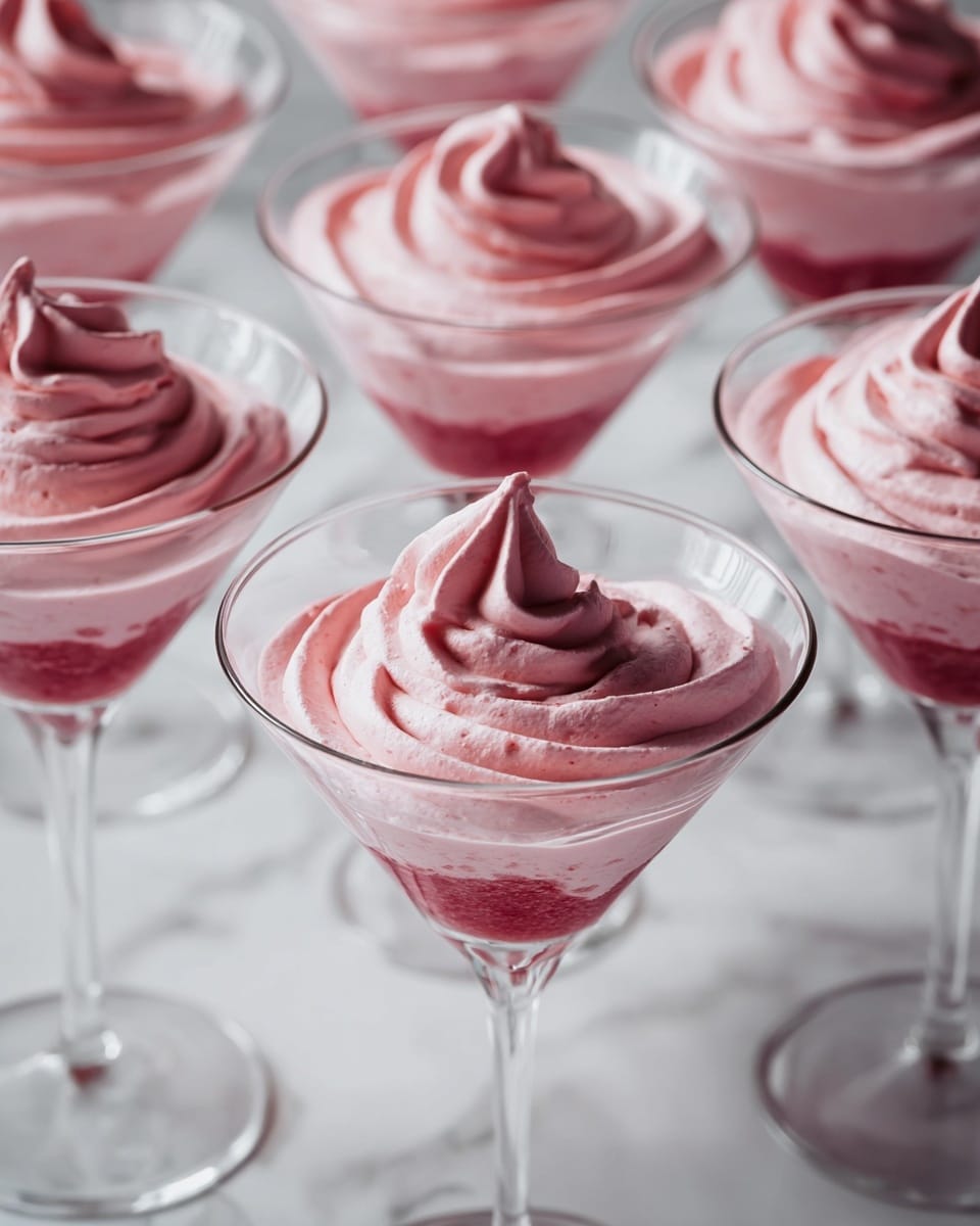 The image shows several clear martini glasses filled with a layered pink dessert. Each glass contains two layers: a bottom layer of darker pink with a slightly thicker texture and uneven edges, and a top layer of light pink whipped mousse piped in a swirl pattern that peaks gently in the center. The glasses are placed closely together on a white marbled surface, with soft light highlighting the smooth, airy texture of the mousse and the denser look of the bottom layer. photo taken with an iphone --ar 4:5 --v 7