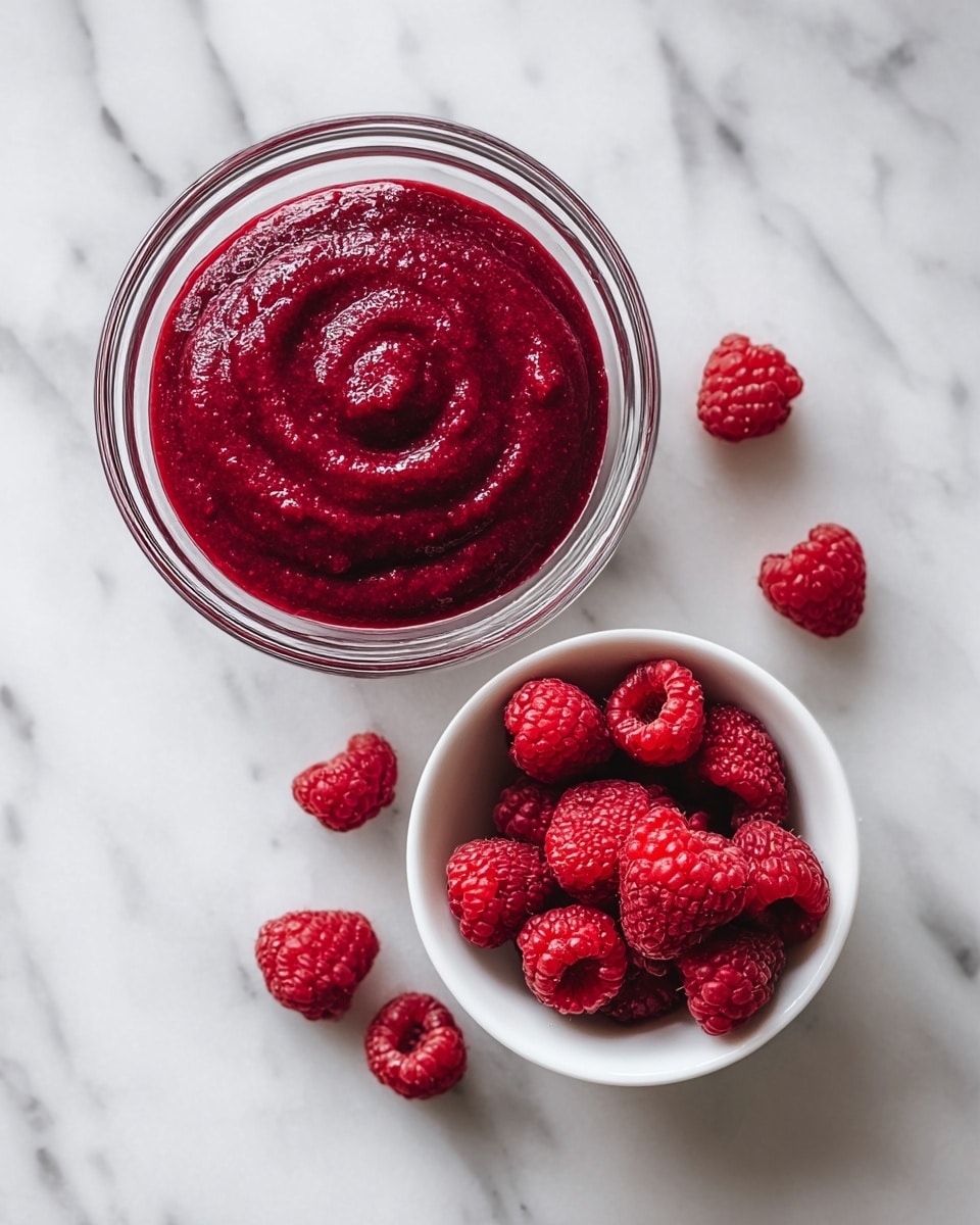 The image shows a clear glass bowl filled with a smooth, deep red raspberry puree with a swirled texture on top. Next to it is a small white bowl filled with whole fresh raspberries that are bright red and textured with tiny bumps. Several raspberries are scattered around both bowls on a white marbled surface, adding a natural touch. The overall scene has a clean and fresh look with the bright red colors standing out against the white marbled background. Photo taken with an iphone --ar 4:5 --v 7