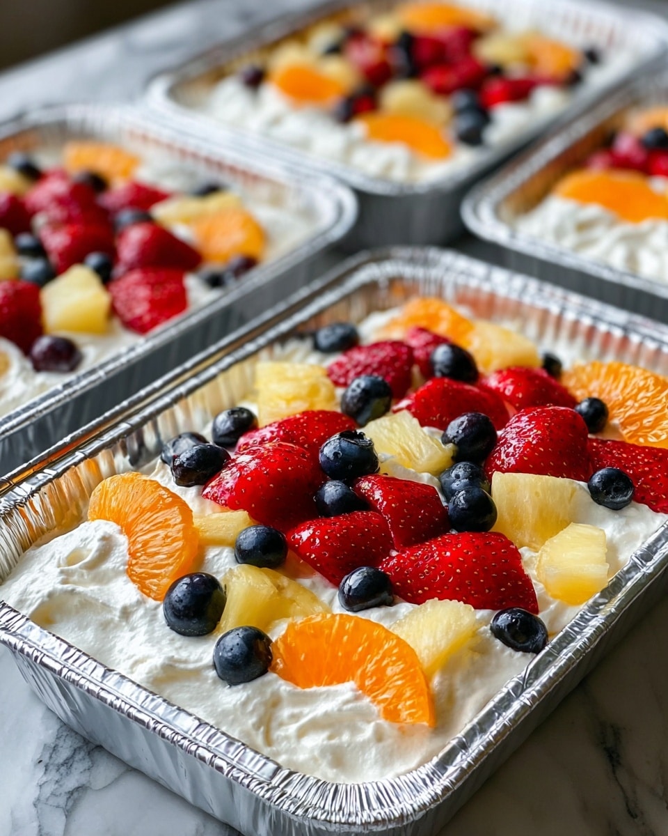 A foil tray filled with a dessert showing three clear layers: the bottom layer is not visible but holds the shape; the middle layer is smooth white whipped cream spread evenly covering the tray; the top layer is made of colorful fruit pieces scattered over the cream, including red strawberries both sliced and whole, bright orange mandarin slices, pale yellow pineapple chunks, and small round deep blue blueberries, all contrasting nicely with the white cream. The tray sits on a white marbled surface, and two more identical trays with the same dessert can be seen blurred in the background. photo taken with an iphone --ar 4:5 --v 7