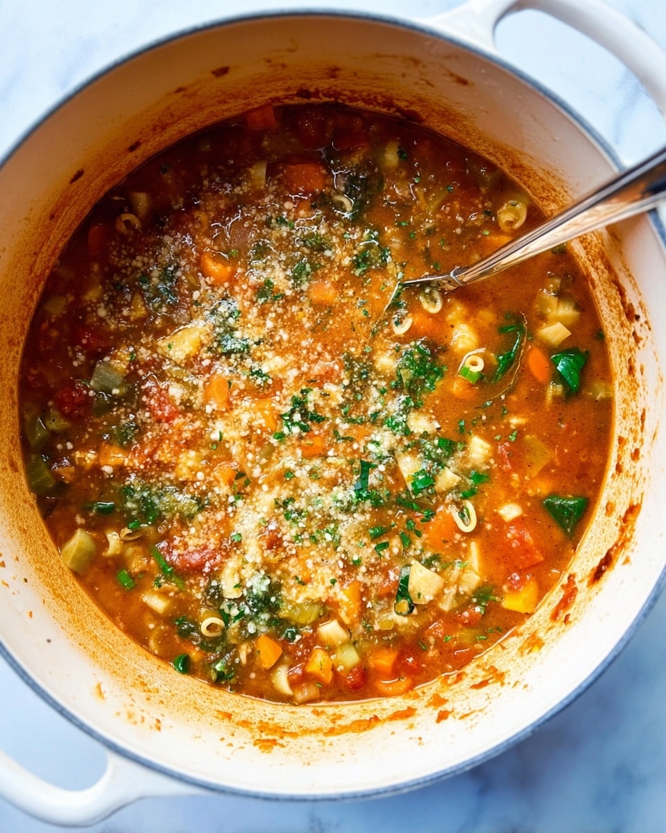 The image shows a white pot filled with thick vegetable soup that has a rich orange-brown broth. Various chopped vegetables like bright orange carrots, green spinach leaves, and small off-white pasta shapes float in the soup. The surface is sprinkled with grated cheese and finely chopped herbs, giving a speckled white and green topping. The rim of the pot has some sauce stains. A shiny silver ladle is partially submerged in the soup, resting near the center. The pot sits on a white marbled surface. photo taken with an iphone --ar 4:5 --v 7