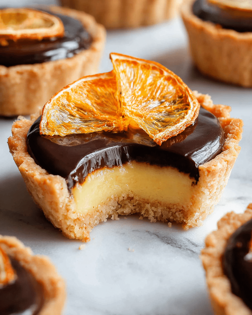 A close-up view of a small tart with three visible layers: a light golden, crumbly crust at the bottom; a smooth, pale yellow lemon custard layer in the middle; and a glossy, dark chocolate ganache layer on top. Two thin, dried orange slices with a slightly wrinkled texture rest on the chocolate, adding a bright orange color contrast. The tart has a bite taken out of it, showing the thickness and texture of each layer clearly. Around it, more similar tarts with dark chocolate tops are partially visible on a white marbled surface. photo taken with an iphone --ar 4:5 --v 7