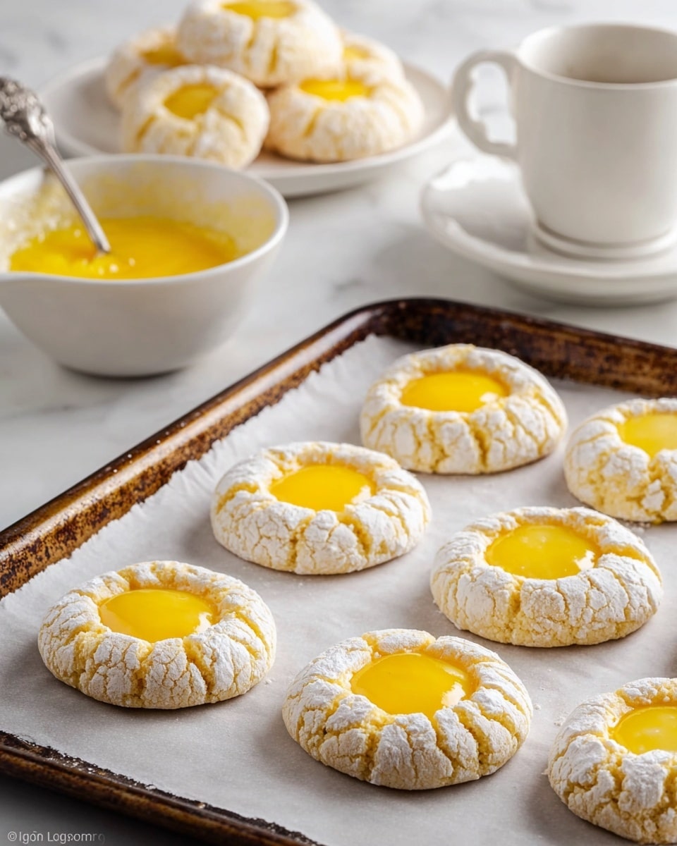 The image shows a baking tray lined with parchment paper holding eight round cookies. Each cookie has two layers: the outer layer is pale yellow with a cracked powdered sugar coating giving it a rough texture, and the inner layer is a smooth, bright yellow filling sitting in a shallow indentation at the center. In the background, there is a white bowl with a white spoon covered in the same bright yellow filling, a white cup and saucer, and a white plate holding more cookies, all placed on a white marbled surface. The lighting is soft and natural, highlighting the texture and colors of the cookies. photo taken with an iphone --ar 4:5 --v 7