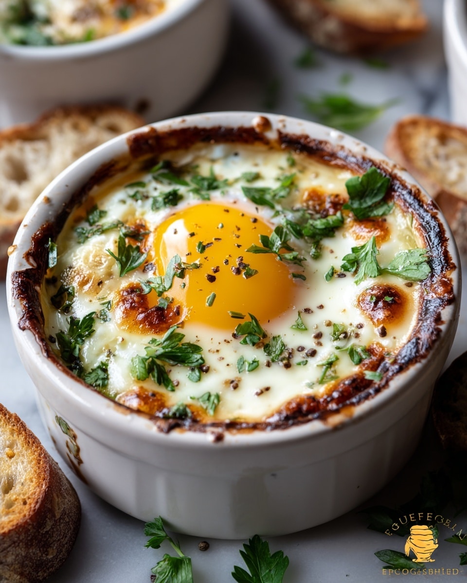 A close-up of a white round ramekin filled with a baked dish showing three layers: the bottom layer is melted cheese with bubble and slightly browned spots around the rim, the middle layer is a creamy white sauce mixed with herbs, and the top layer is a sunny yellow baked egg yolk surrounded by soft, white cooked egg whites with specks of black pepper and fresh green parsley scattered on top. The ramekin sits on a white marbled surface with pieces of torn brown bread in the background. Photo taken with an iphone --ar 4:5 --v 7